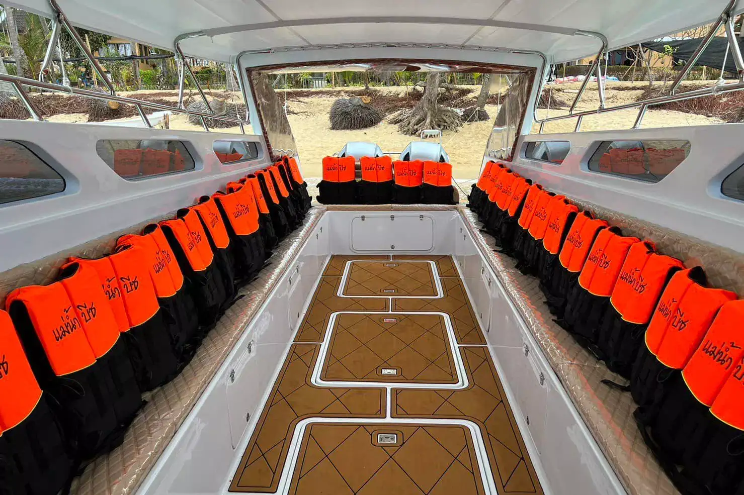 Seats and life jackets inside the VIP speedboat